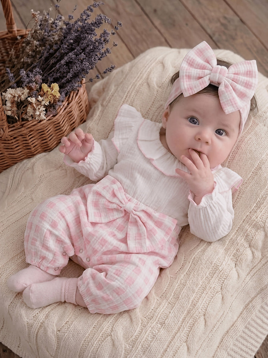 Combinaison d'automne pour bébé fille, rose à carreaux froissés — Monptitlou