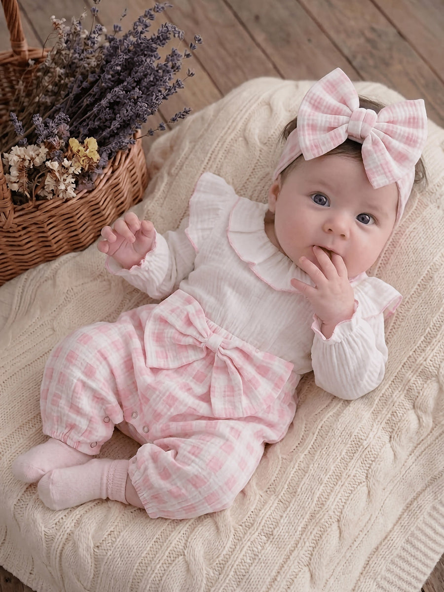 Combinaison d'automne pour bébé fille, rose à carreaux froissés — Monptitlou