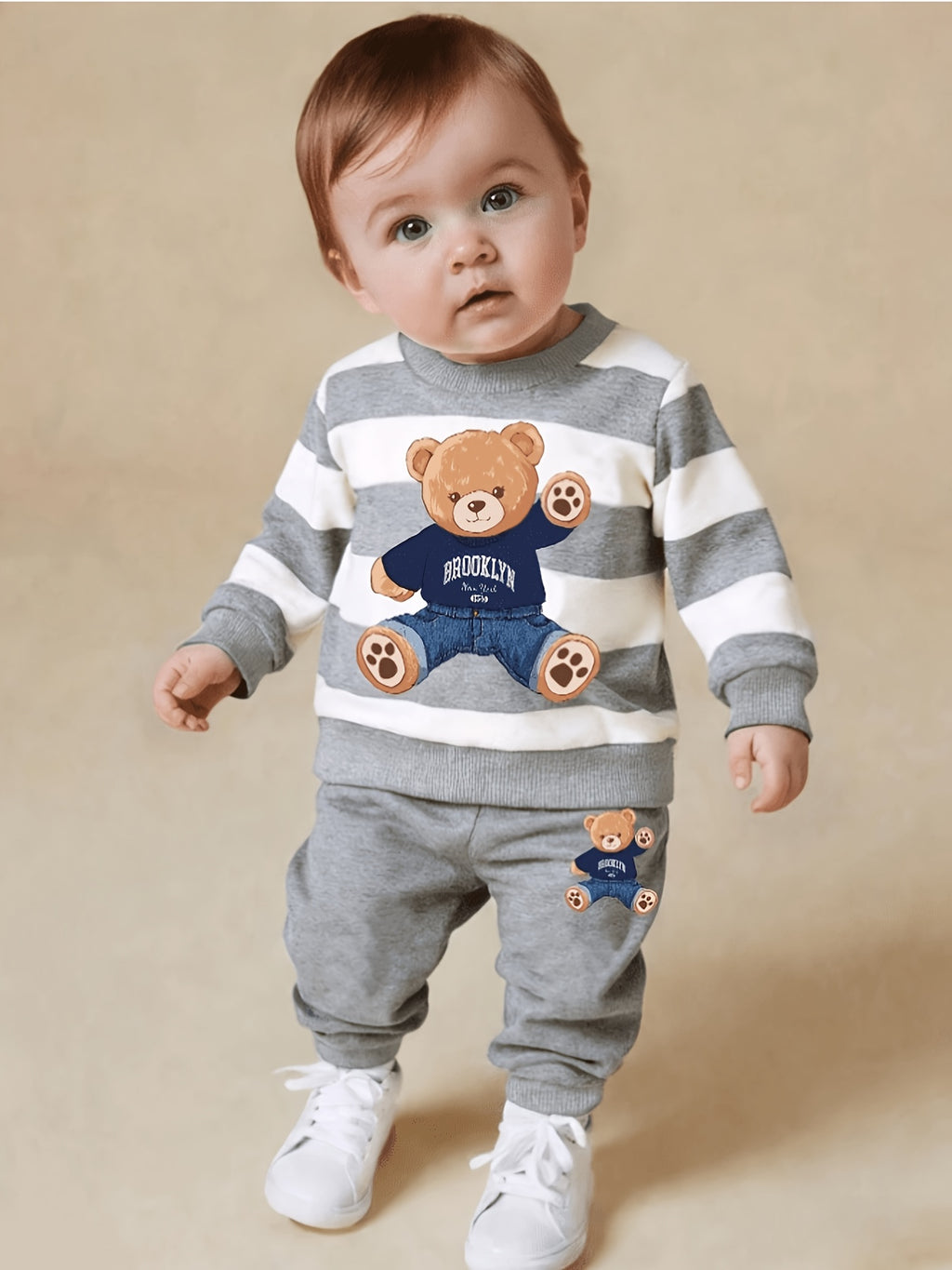 Ensemble sweat à manches longues en polaire imprimé ours cartoon rayé — Monptitlou