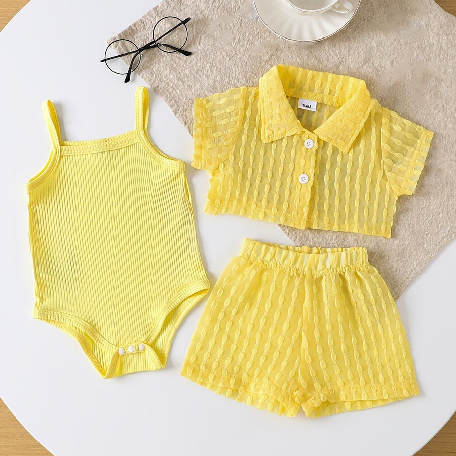 Ensemble 3 pièces pour bébé fille : barboteuse à bretelles — Monptitlou