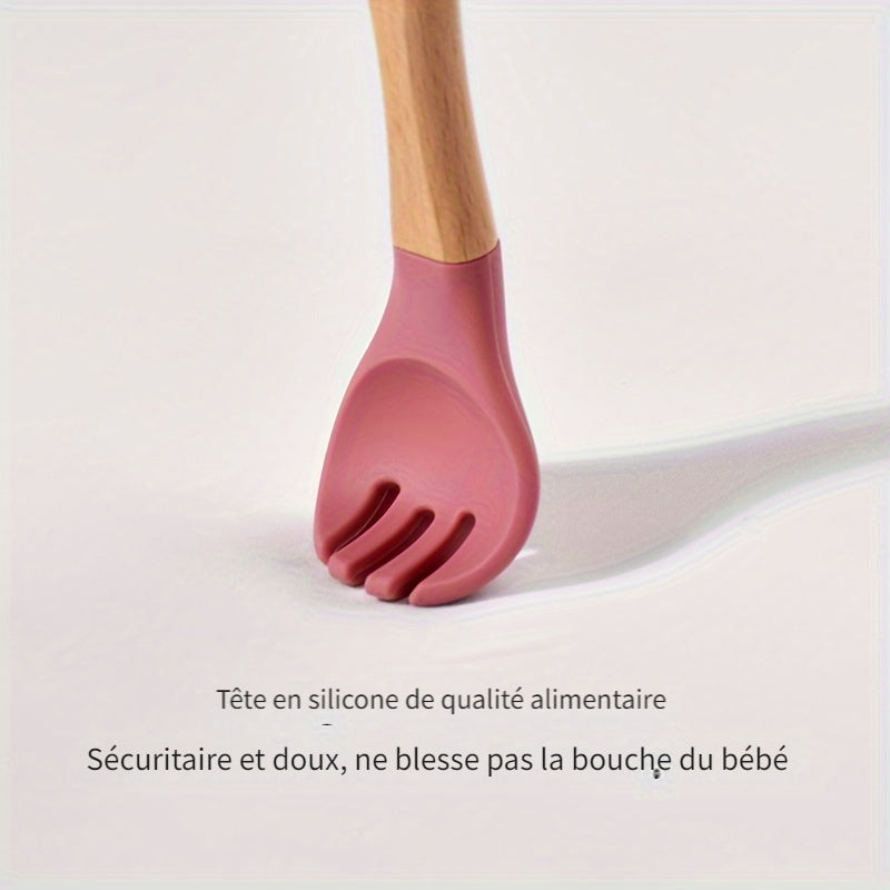 Cuillère en silicone alimentaire avec manche en bois, fourchette et cuillère d'apprentissage pour bébé, set de 2 pièces