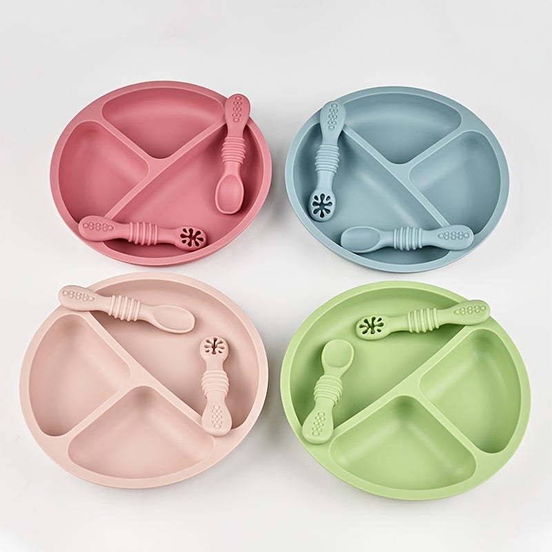Ensemble de couverts en silicone alimentaire pour bébé - 3 pièces : assiette ronde, cuillère à fentes, cuillère à purée 