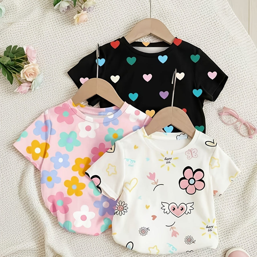 T-shirts manches courtes col rond motif floral et cœur estival — Monptitlou