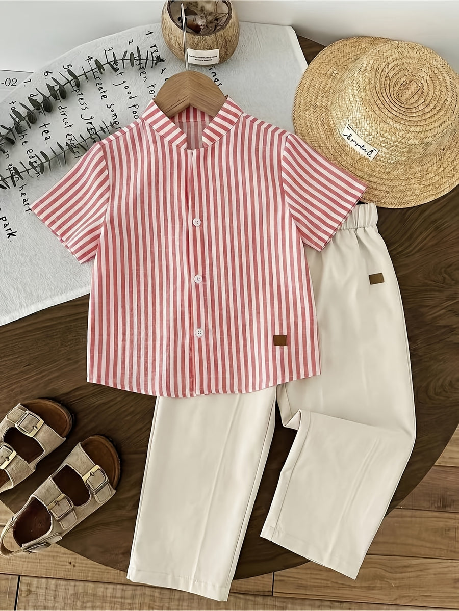 Ensemble 2 pièces 'S : Chemise décontractée à rayures et pantalon uni