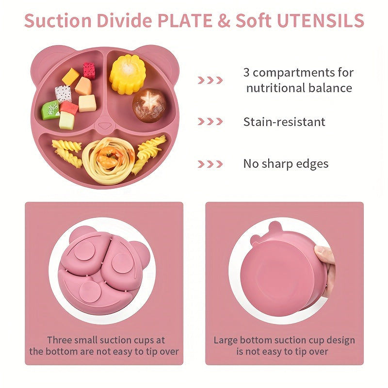 Lot de 7 couverts pour bébé en silicone, couleurs assorties, design cartoon, haute puissance d'aspiration, facile à nett