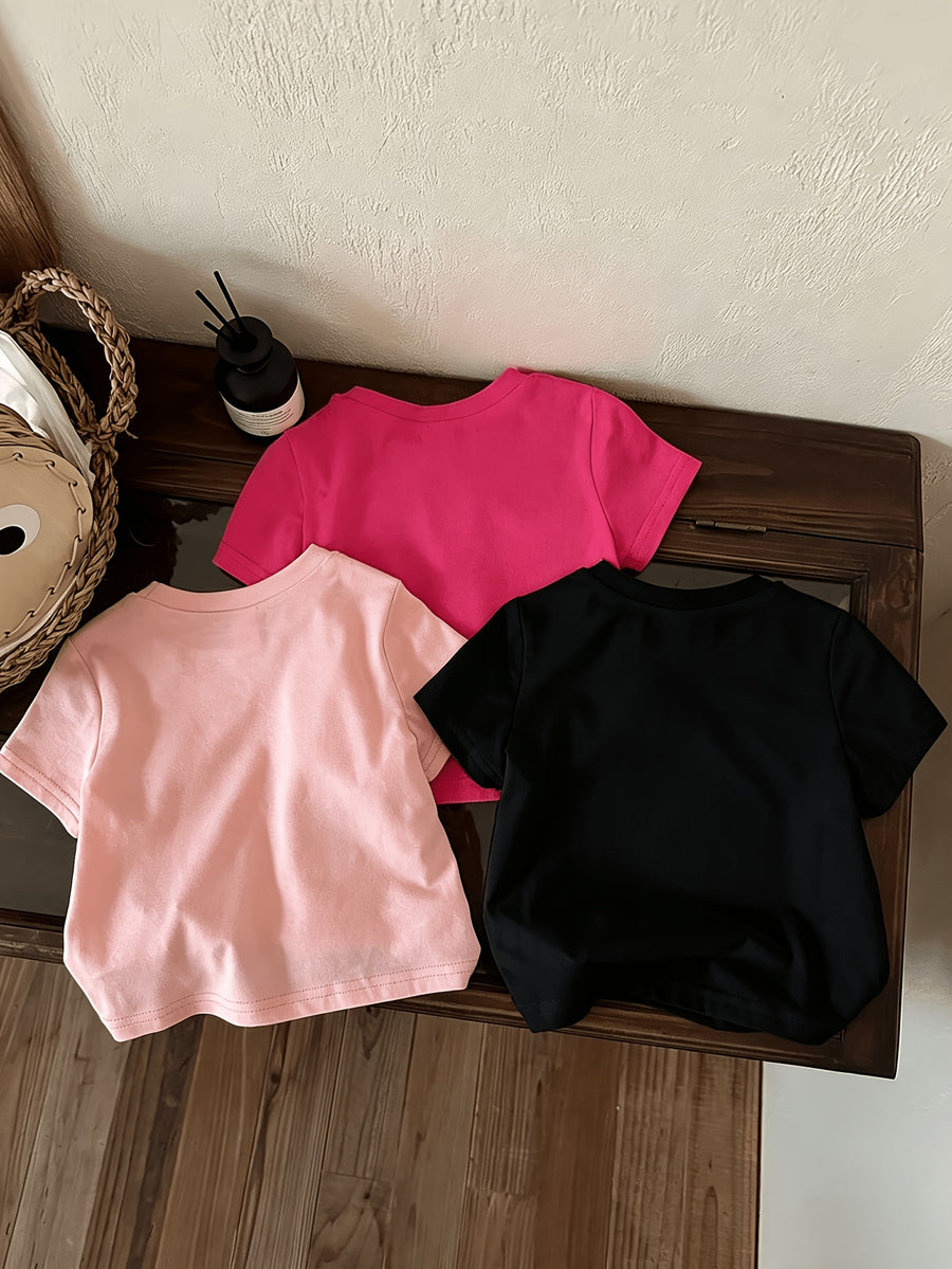 Hauts manches courtes col rond motif floral et cœur pour filles — Monptitlou
