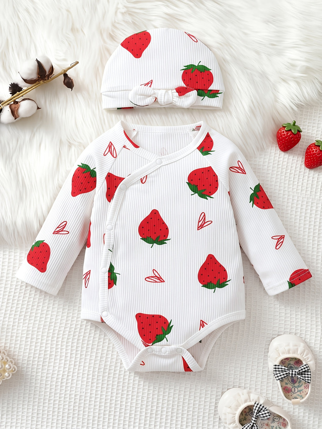 Body Triangle Bébé Fille Fond Blanc Fraise Imprimé Cartoon Volant — Monptitlou
