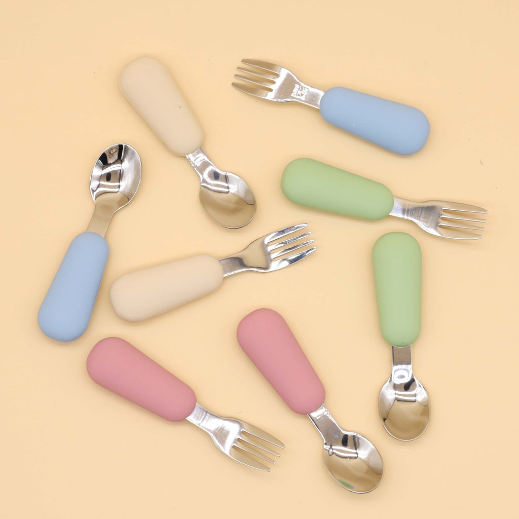 Cuillère et fourchette en acier inoxydable 304 avec manche en silicone, pour bébé