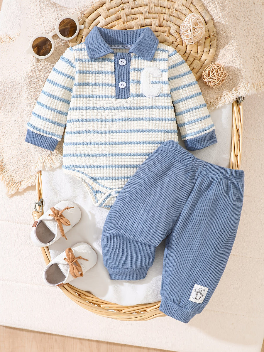 Pantalons polo à col pour bébé 0-1 an, bleu et blanc rayés — Monptitlou