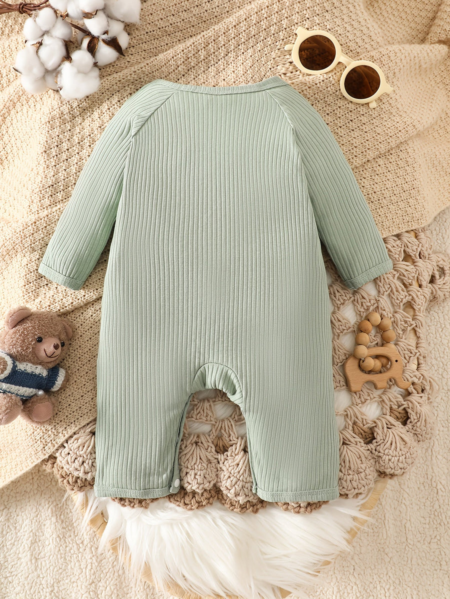 Barboteuse pour nouveau-né avec joli décor d'ours, à manches longues, boutonnée, couleur unie, en côtes, vêtement de béb