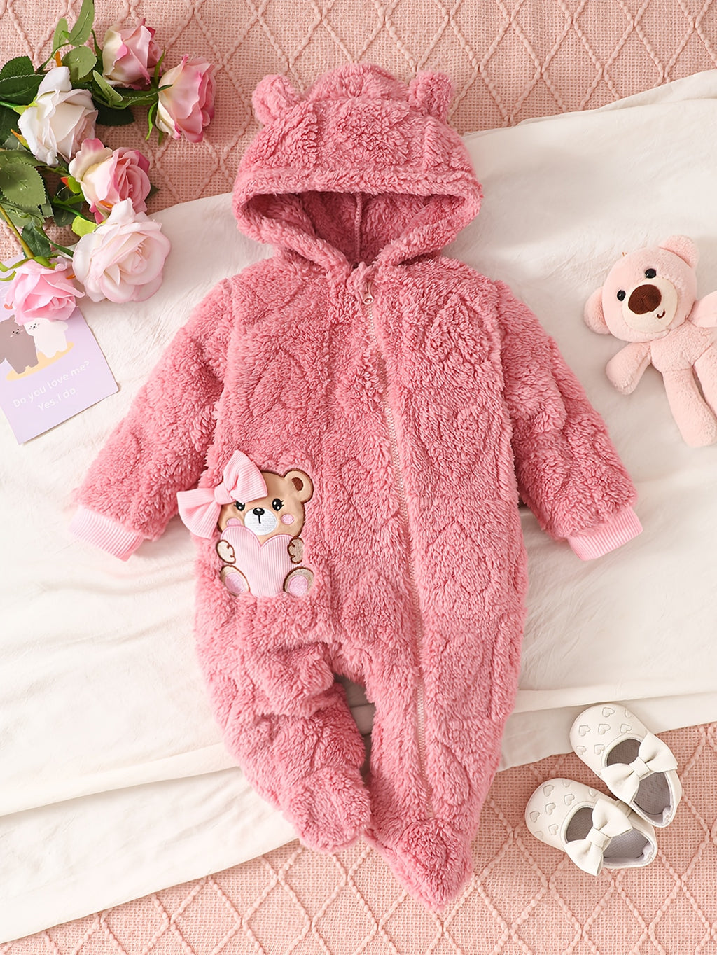 Combinaison à capuche en polaire ours rose pour bébé fille — Monptitlou