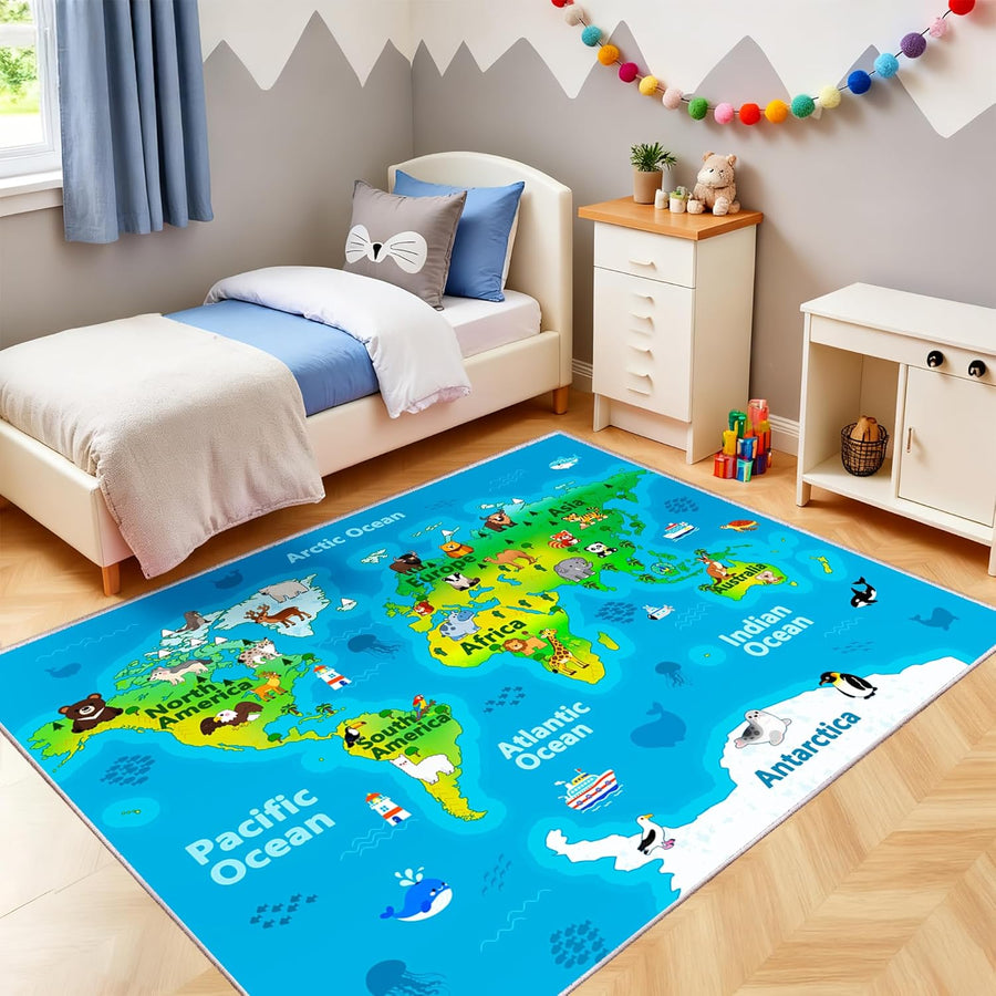 1 tapis 4x5 mètres 950G/M2 en velours avec carte du monde et animaux — Monptitlou