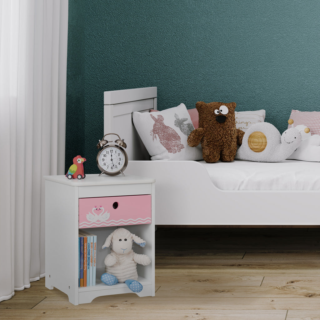 Table de chevet pour enfant « Cygne » en blanc/rose — Monptitlou