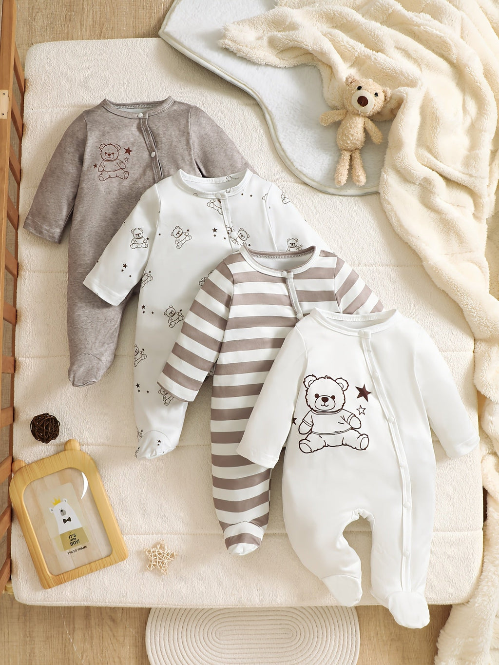 Body pour nouveau-né : rayé marron-gris + imprimé intégral petit ours + — Monptitlou