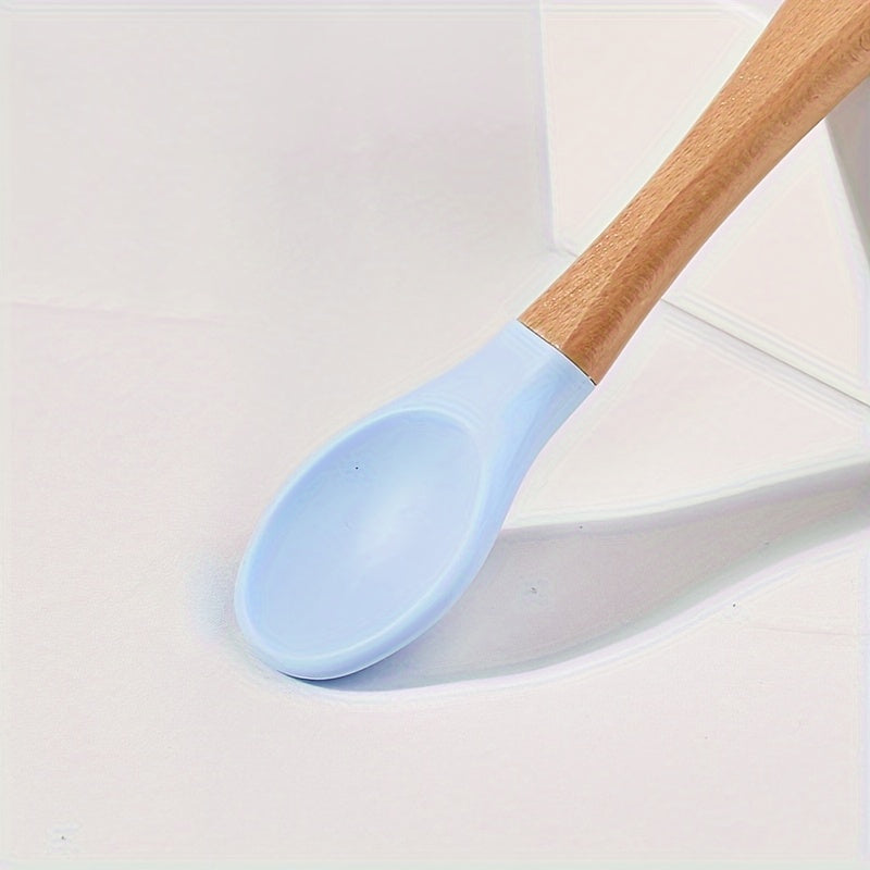 Cuillère en silicone alimentaire avec manche en bois, fourchette et cuillère d'apprentissage pour bébé, set de 2 pièces