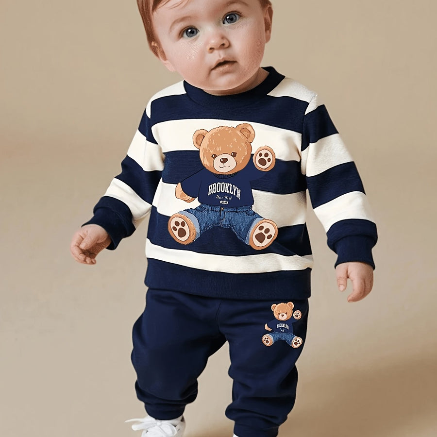 Ensemble sweat à manches longues en polaire imprimé ours cartoon rayé — Monptitlou