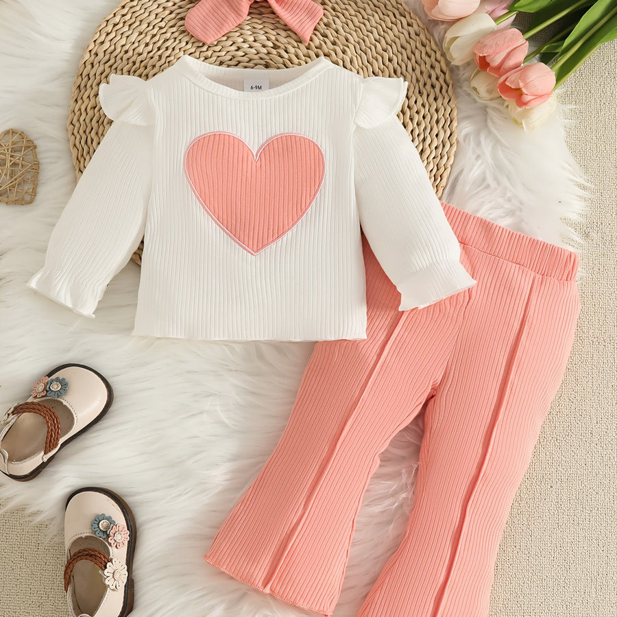 Ensemble trois pièces haut à manches longues brodé cœur + pantalon + — Monptitlou