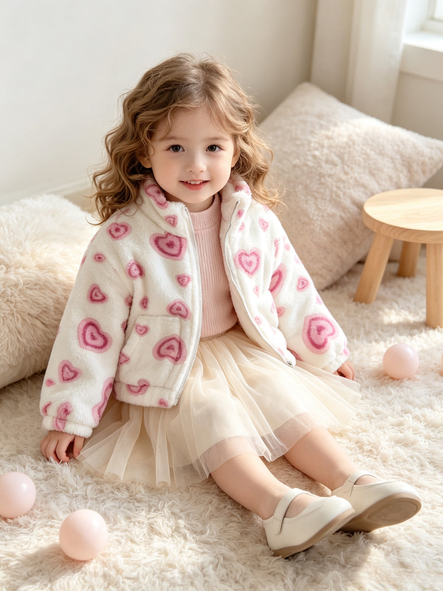 Veste à Revers en Molleton Corail Cœur Rose pour Fille — Monptitlou