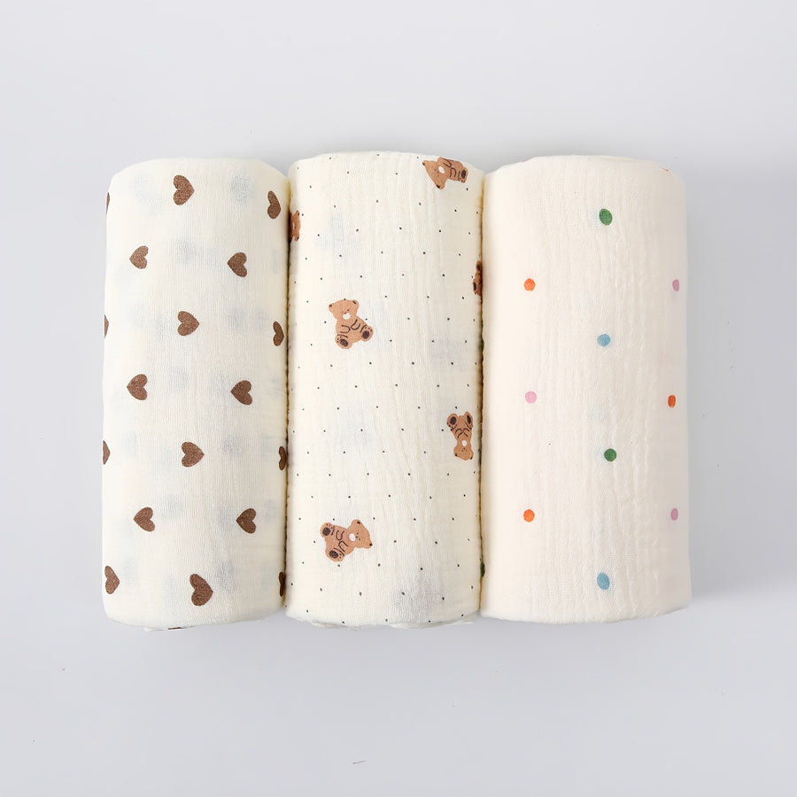 Lot de 3 langes bébé en gaze de coton, 4 motifs — Monptitlou