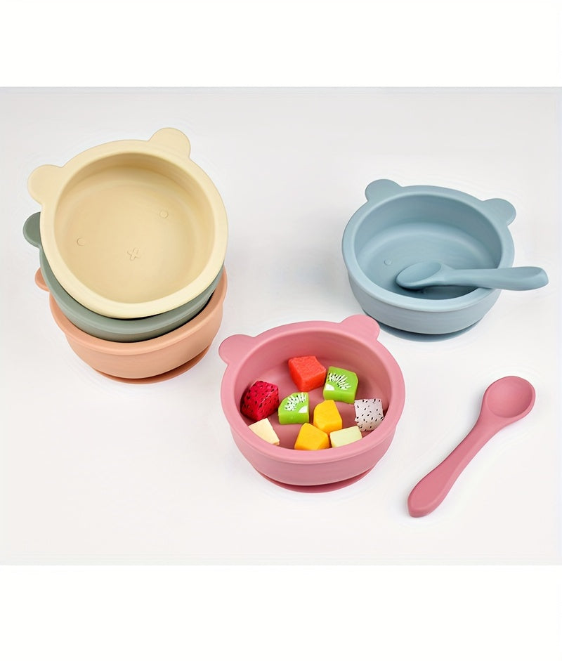 2 pièces ensemble de vaisselle pour bébé en silicone alimentaire avec ventouse, cuillère complémentaire à manche en bois