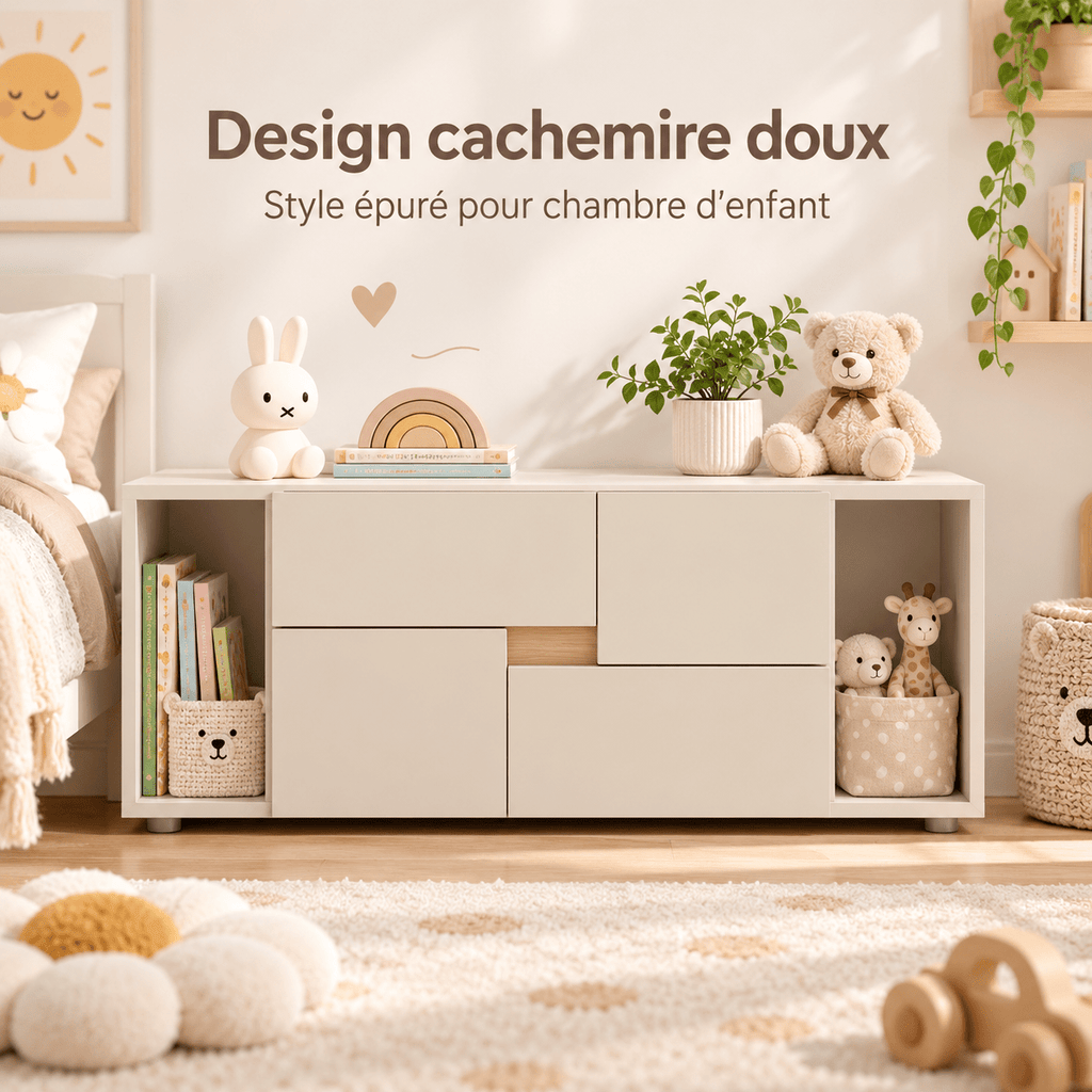 Bibliothèque basse enfant LINOA 4 portes cachemire avec 2 niches — Monptitlou