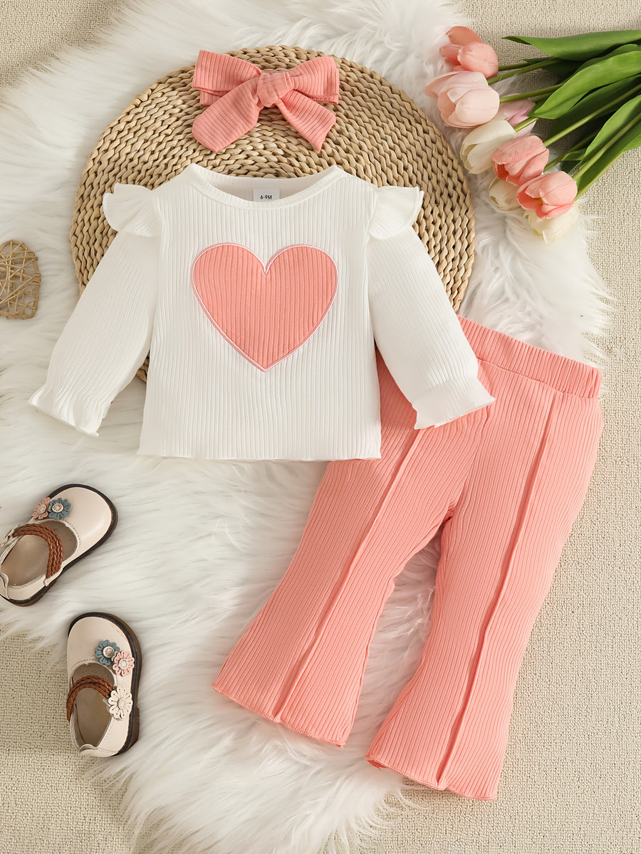 Ensemble trois pièces haut à manches longues brodé cœur + pantalon + — Monptitlou