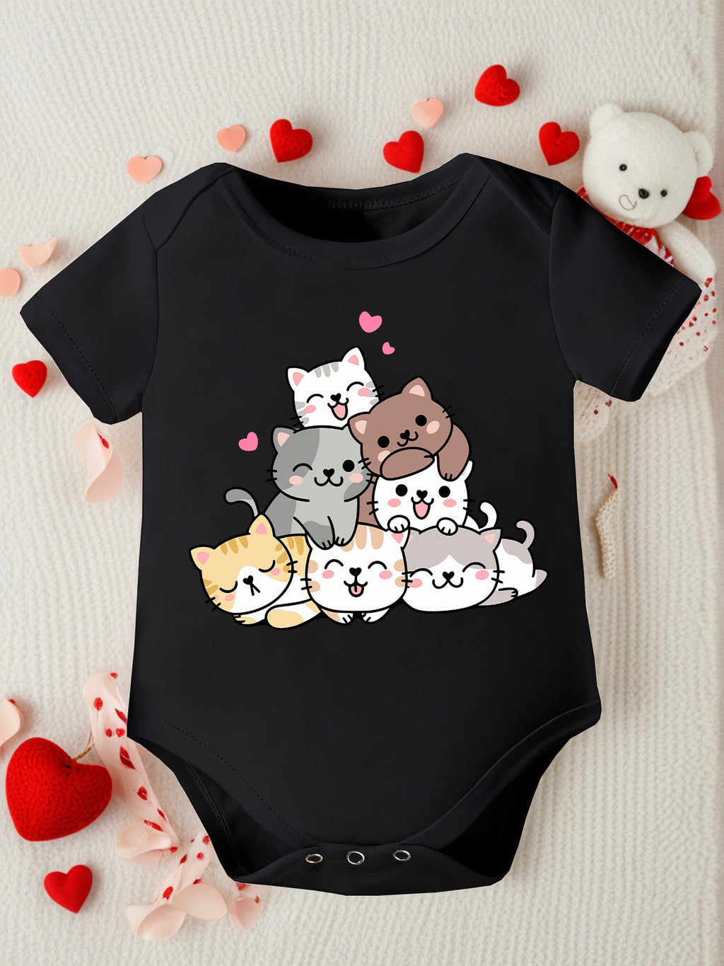 Combinaison à Manches Courtes Mignonne pour Nouveau-né Fille "Amis Chats Amoureux" Imprimé Cartoon Body Triangle Enfant 