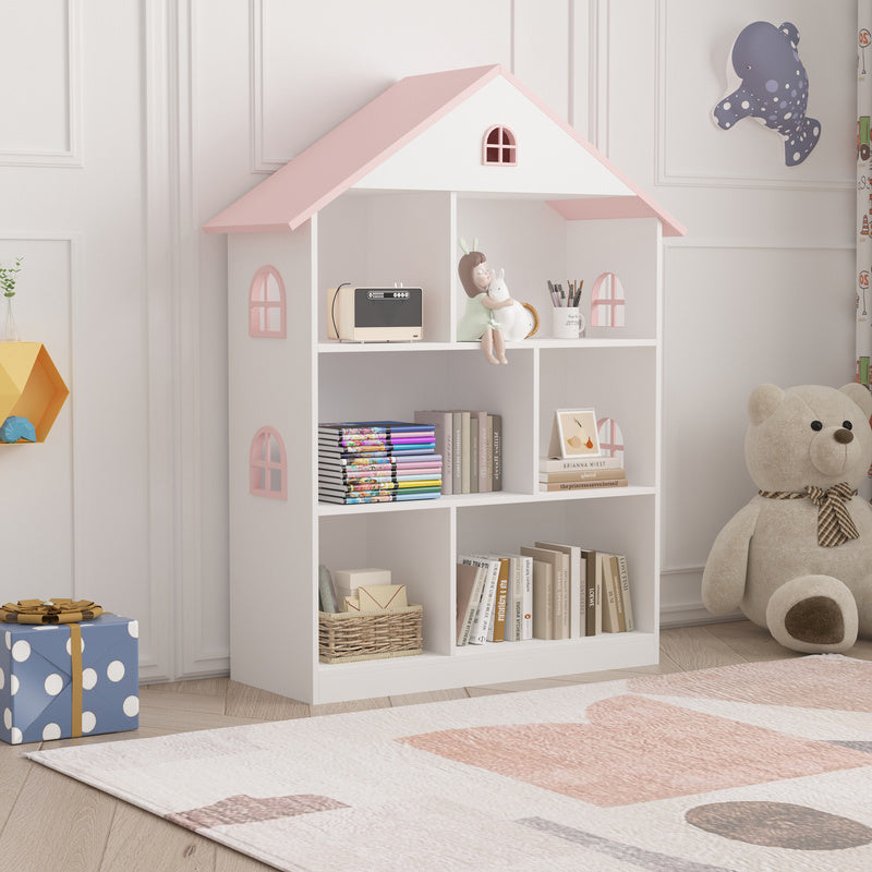 Étagère pour Enfants en Forme de Maison 107 x 83 x 30 cm Blanc/Rose — Monptitlou