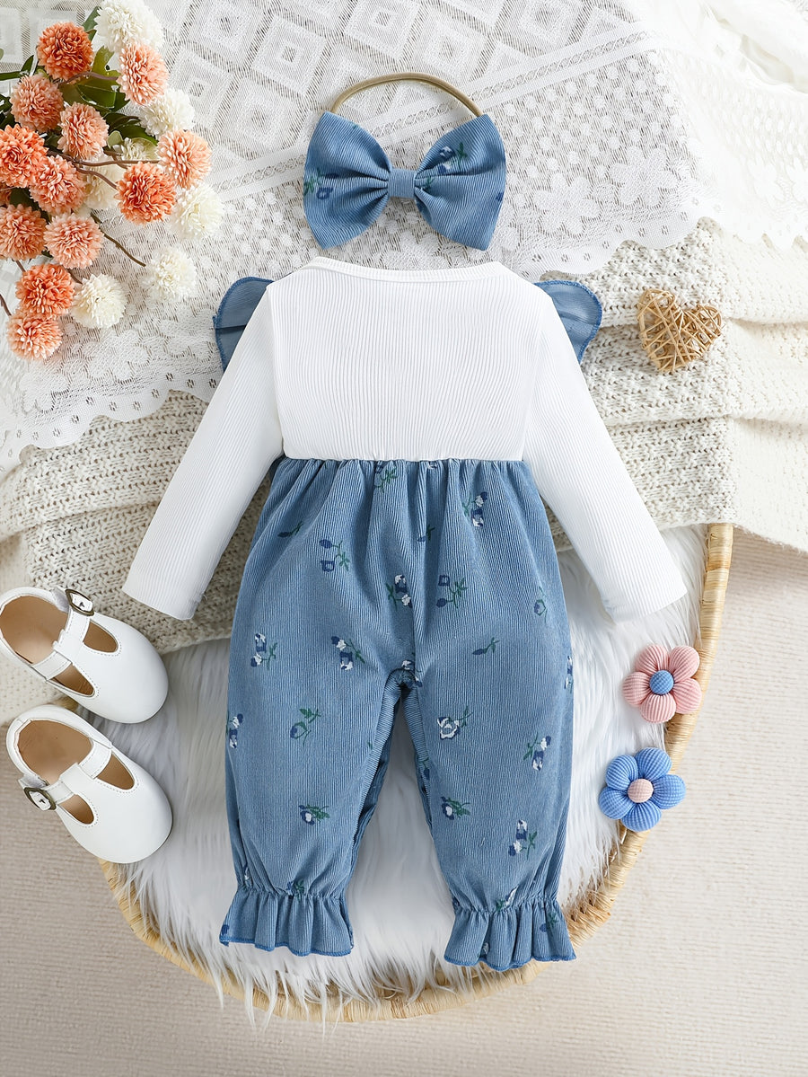 Barboteuse Bébé Fille Mignonne à Manches Longues avec Nœud Floral et — Monptitlou