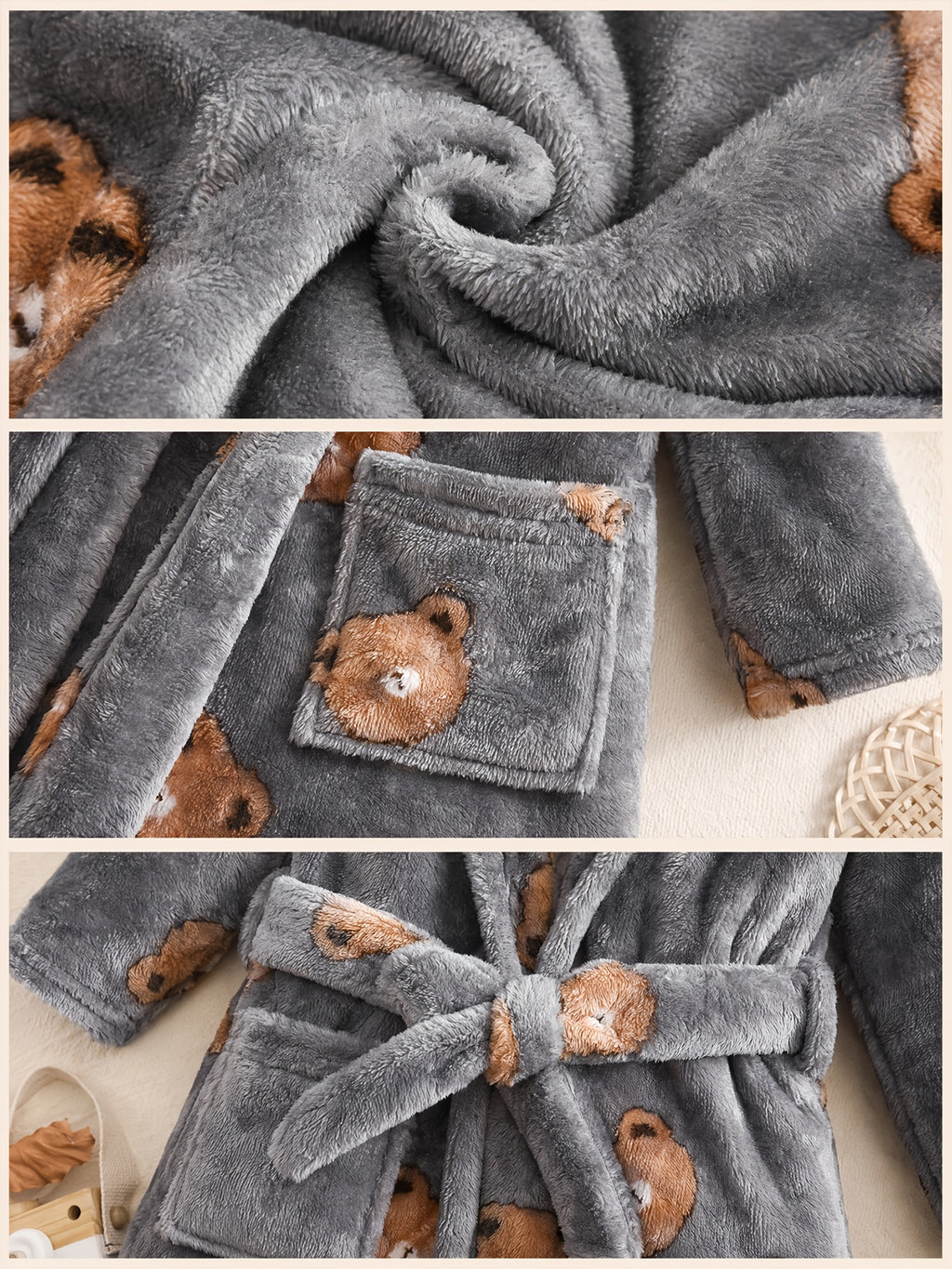 Peignoir à capuche pour garçon à motif ours, manches longues — Monptitlou