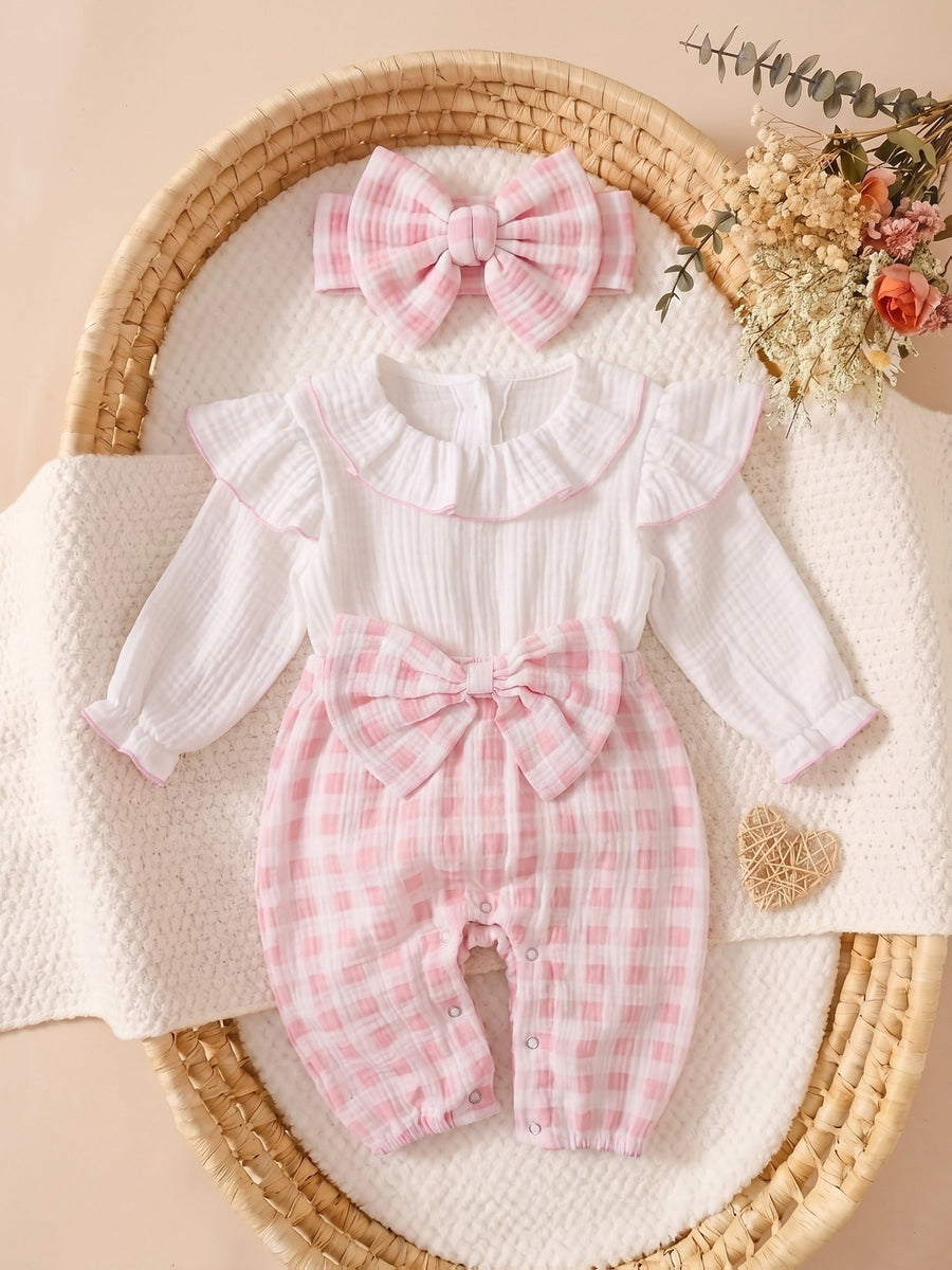 Combinaison d'automne pour bébé fille, rose à carreaux froissés — Monptitlou
