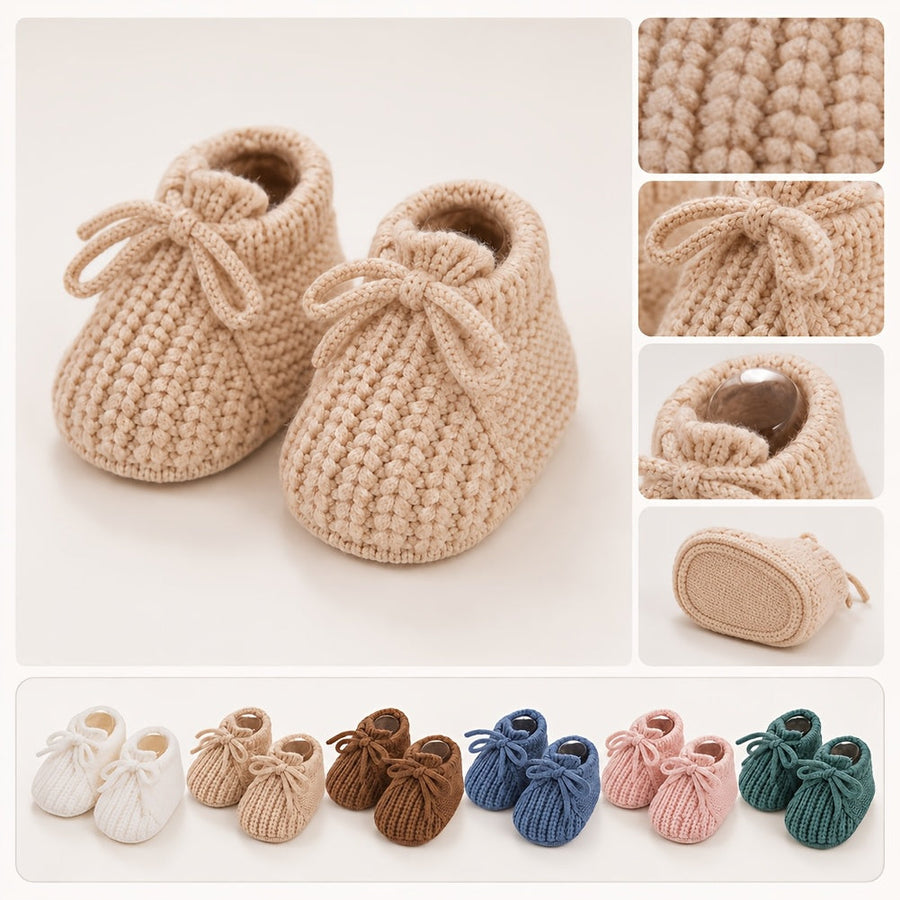 1 Paire Chaussons Crochets Nouveau-né Automne Hiver avec Nœud 0-12 Mois — Monptitlou