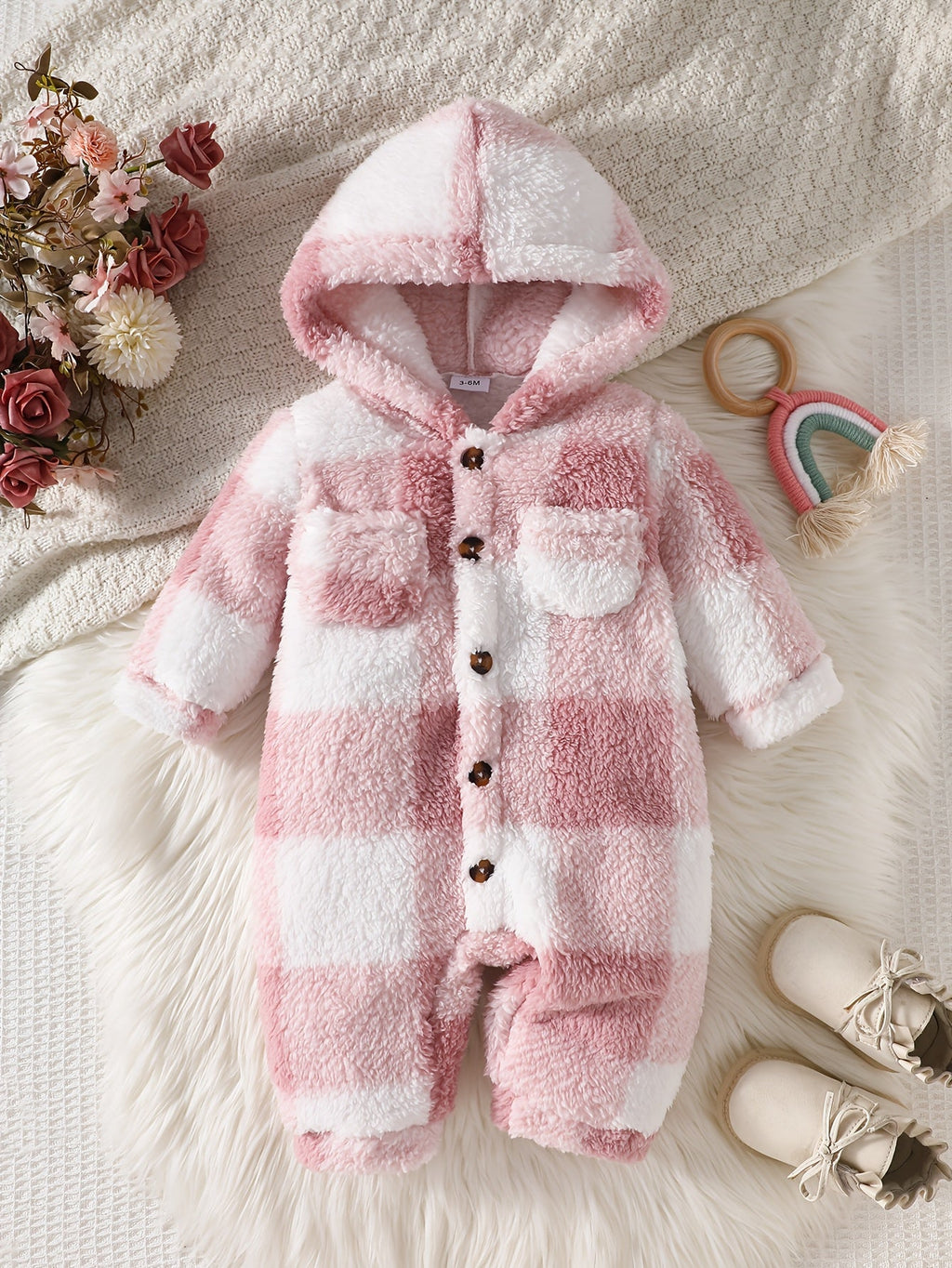Grenouillère à capuche pour bébé fille en peluche à carreaux roses de — Monptitlou