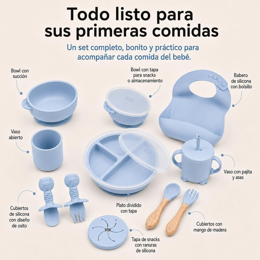 Ensemble d'alimentation bleu pour bébé en silicone — Monptitlou