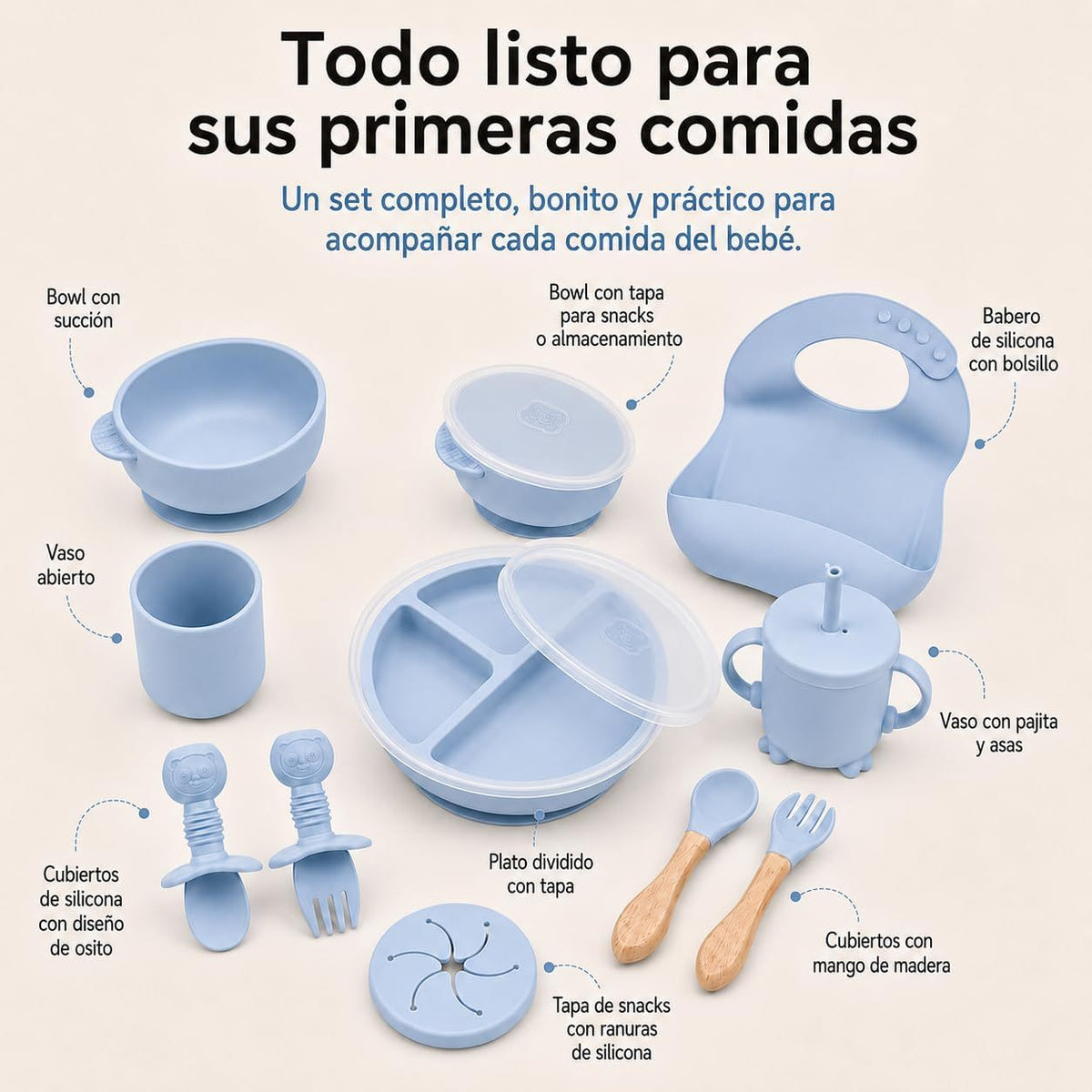 Ensemble d'alimentation bleu pour bébé en silicone — Monptitlou Image