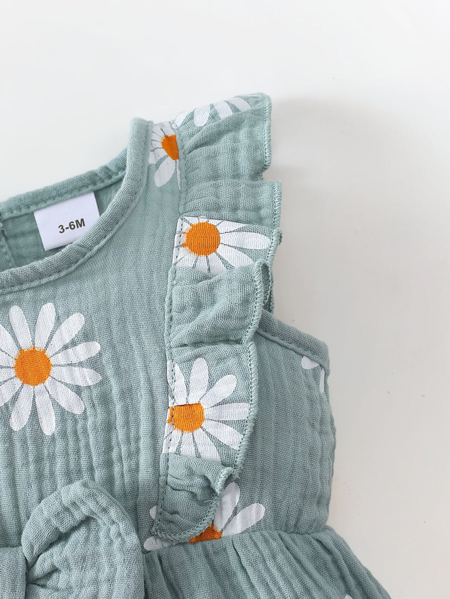 Romper bébé fille été style mignon avec motif petite marguerite imprimé, tissu froncé double face, dentelle mignonne, sa
