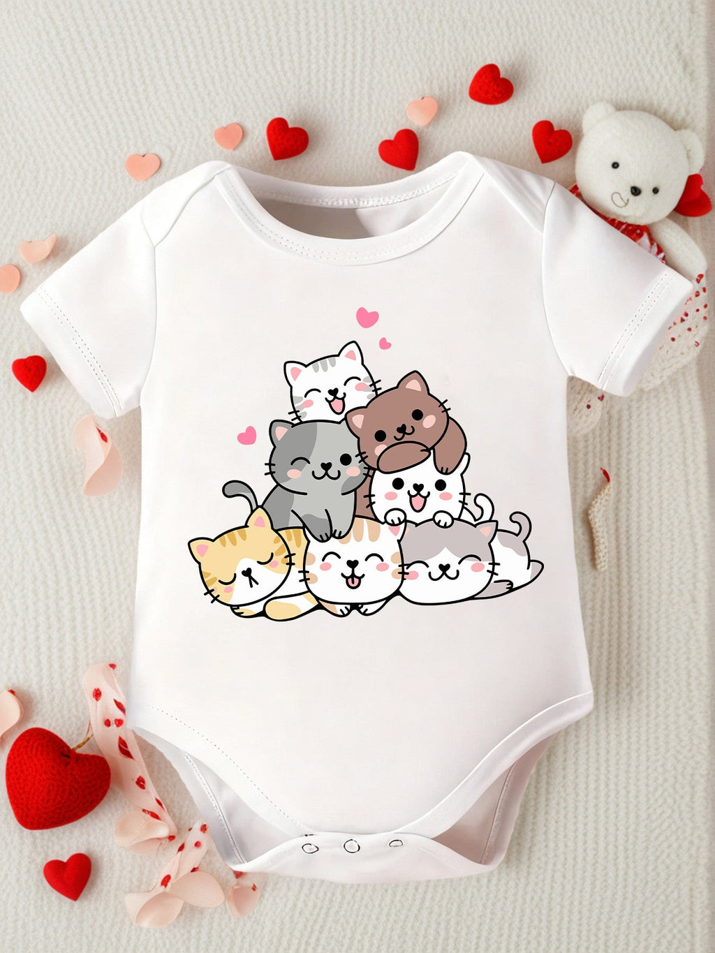 Combinaison à Manches Courtes Mignonne pour Nouveau-né Fille "Amis Chats Amoureux" Imprimé Cartoon Body Triangle Enfant 