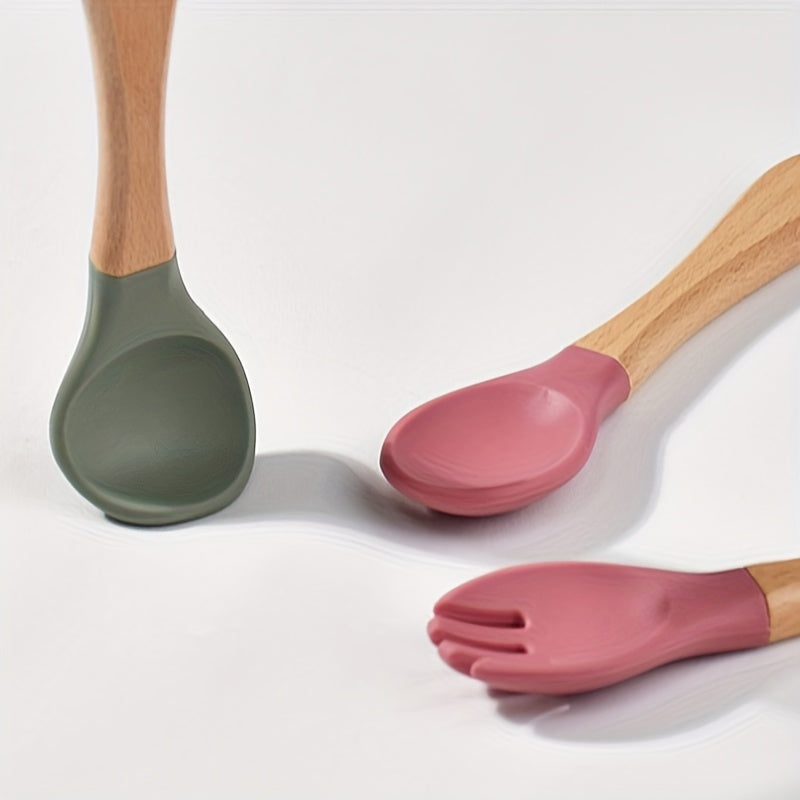 Cuillère en silicone alimentaire avec manche en bois, fourchette et cuillère d'apprentissage pour bébé, set de 2 pièces