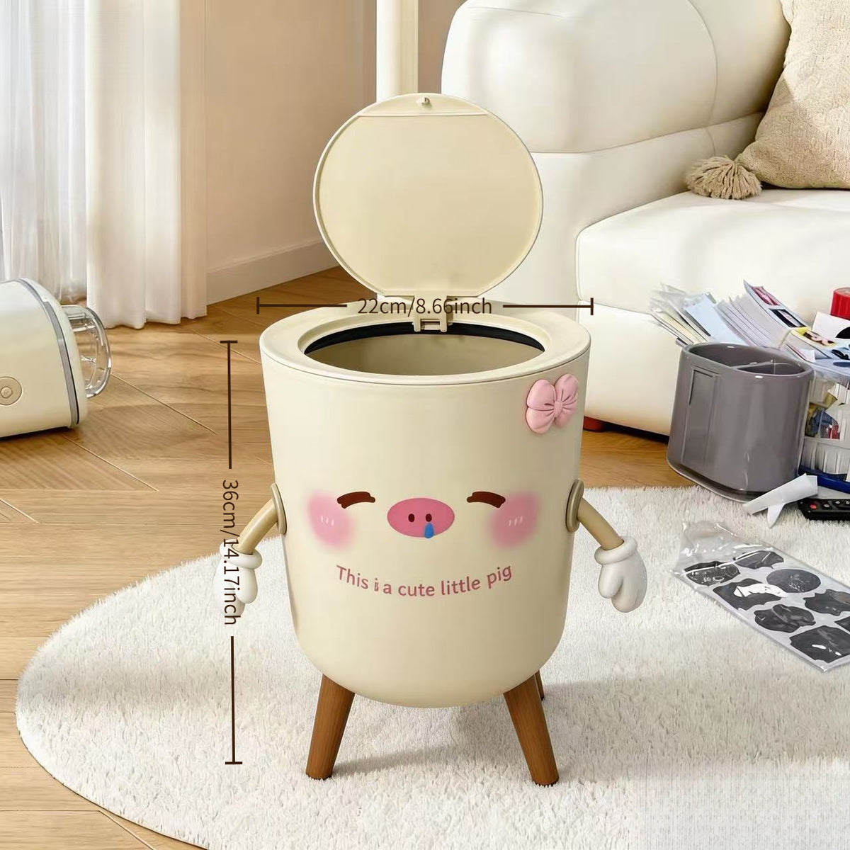 Poubelle crème à couvercle-pression, style kawaii — Monptitlou Image