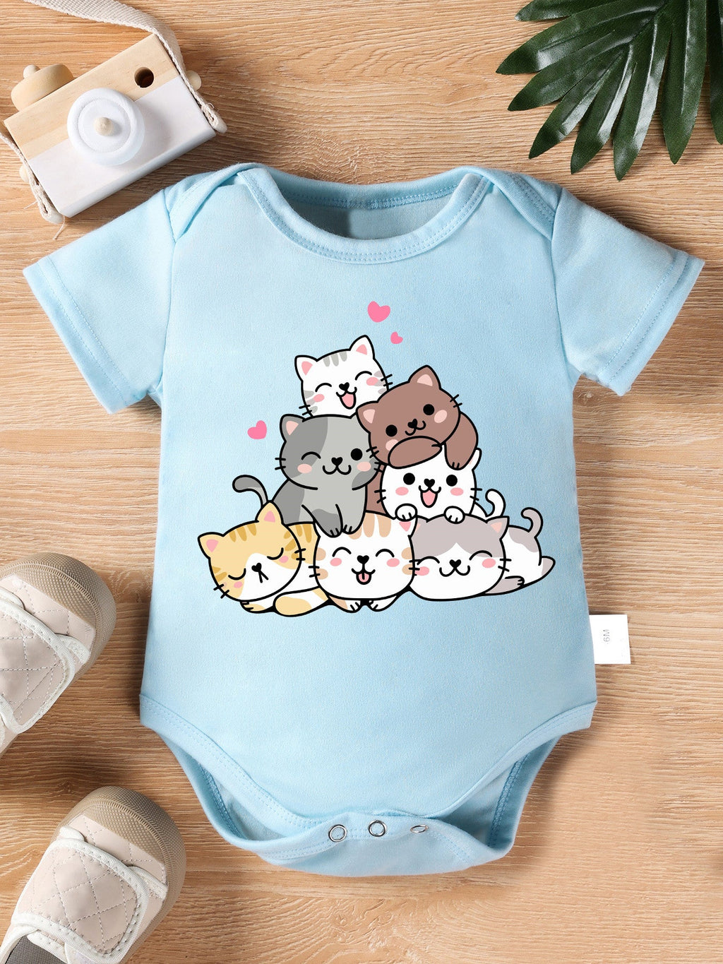 Combinaison à Manches Courtes Mignonne pour Nouveau-né Fille "Amis Chats Amoureux" Imprimé Cartoon Body Triangle Enfant 