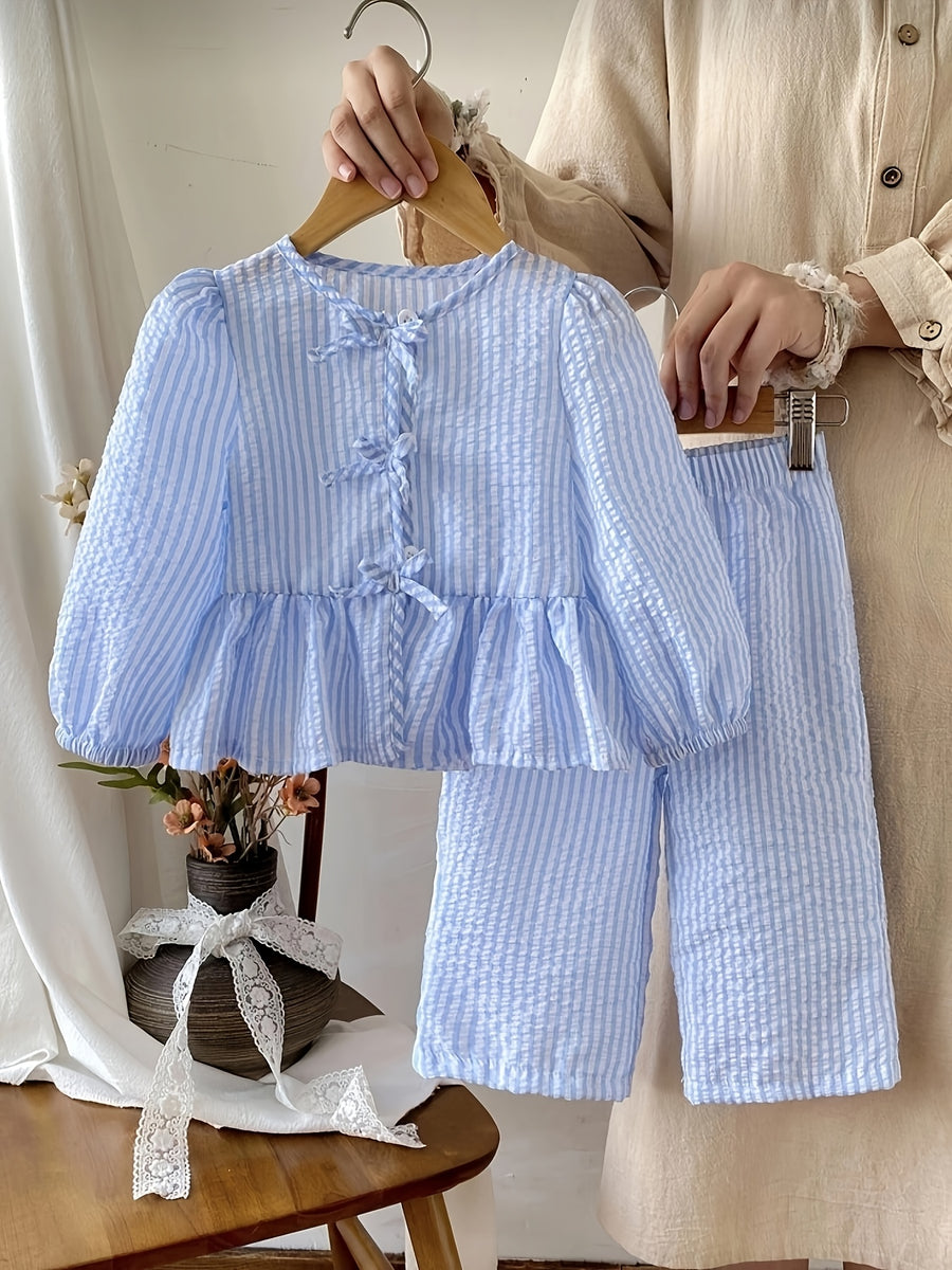 Ensemble haut à manches longues avec nœud et pantalon à rayures bleues — Monptitlou