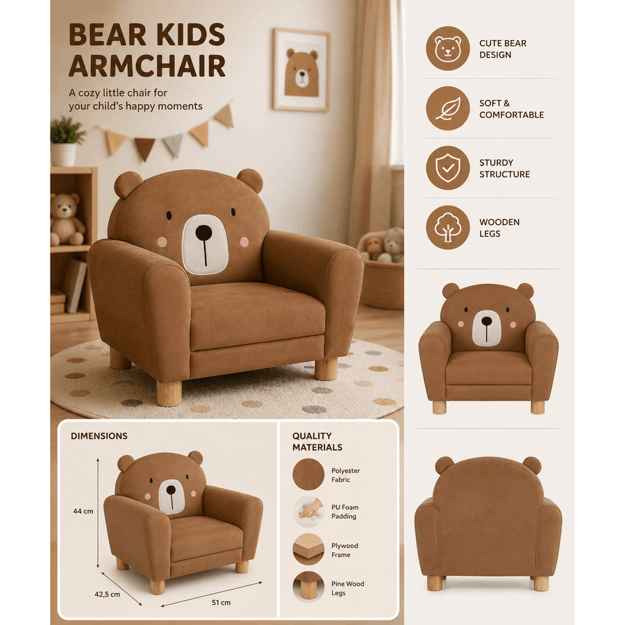 Fauteuil Enfant Ours Marron – Petit Fauteuil Rembourré en Polyester — Monptitlou