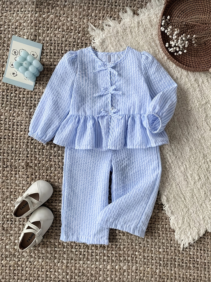 Ensemble haut à manches longues avec nœud et pantalon à rayures bleues — Monptitlou