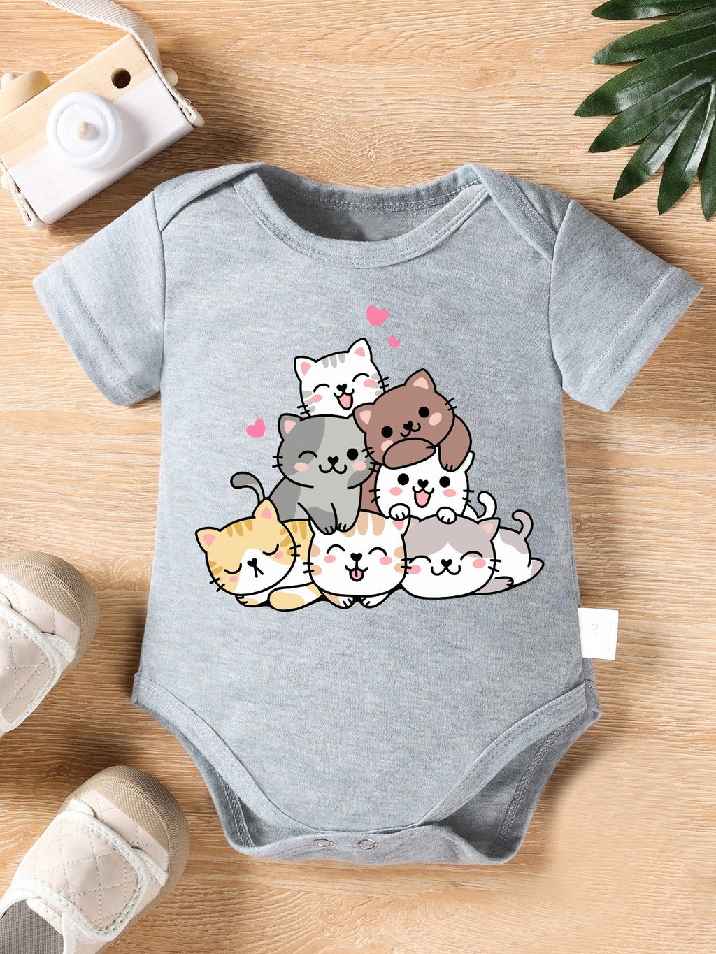 Combinaison à Manches Courtes Mignonne pour Nouveau-né Fille "Amis Chats Amoureux" Imprimé Cartoon Body Triangle Enfant 