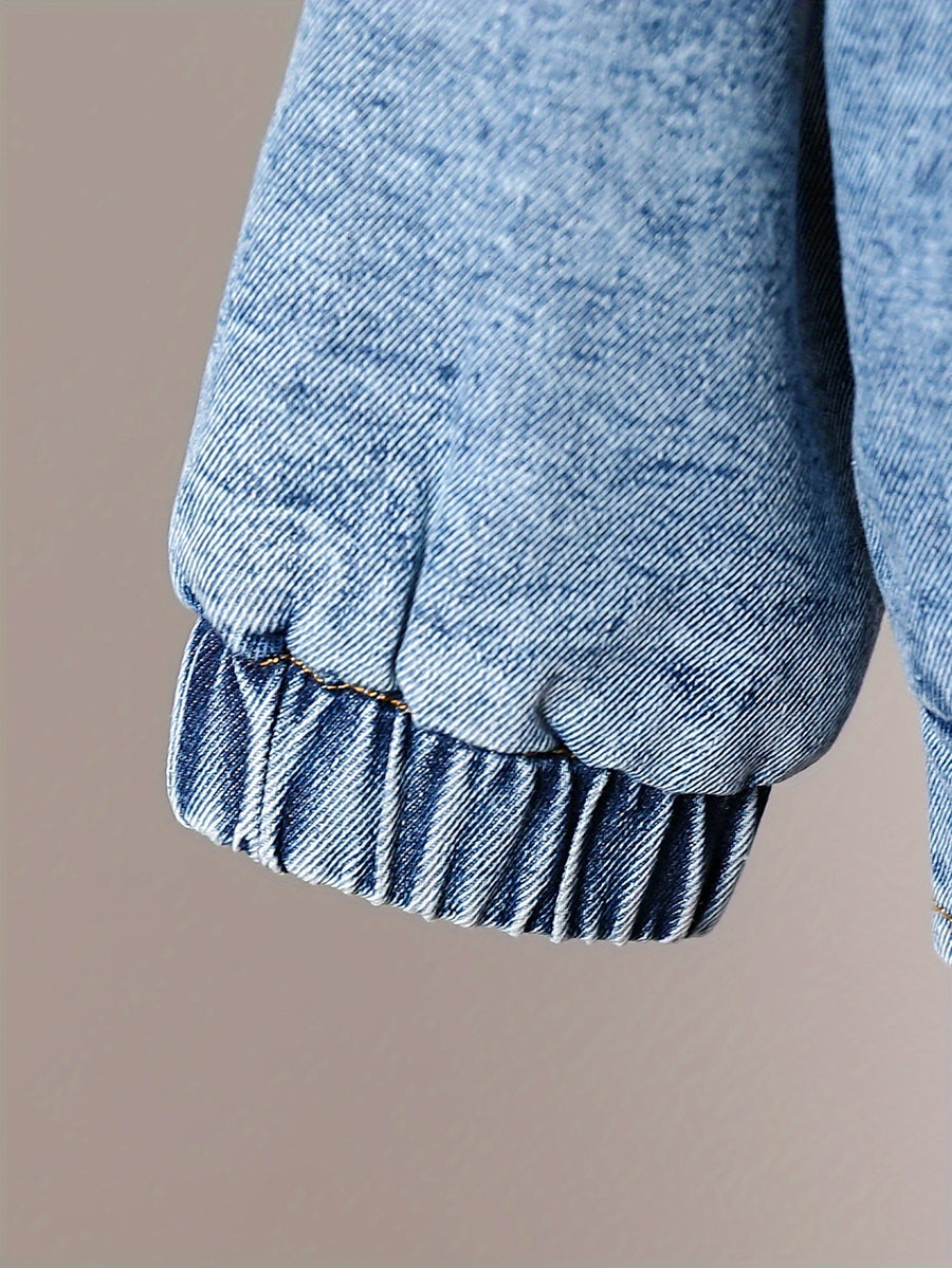 Veste en jean doublée moumoute rose， avec manches longues et capuche — Monptitlou
