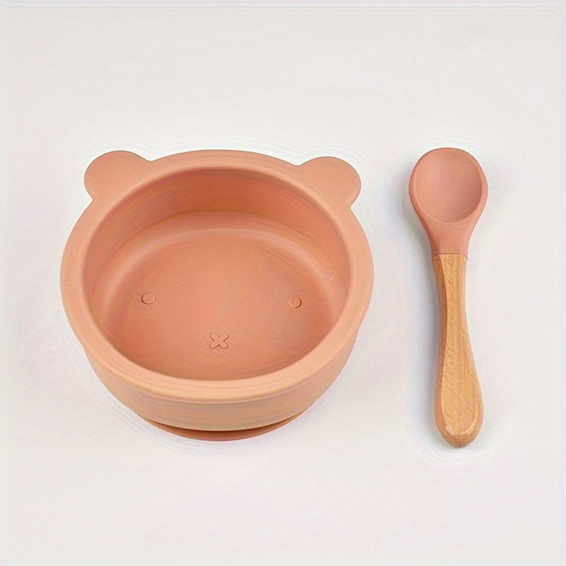 2 pièces ensemble de vaisselle pour bébé en silicone alimentaire avec ventouse, cuillère complémentaire à manche en bois