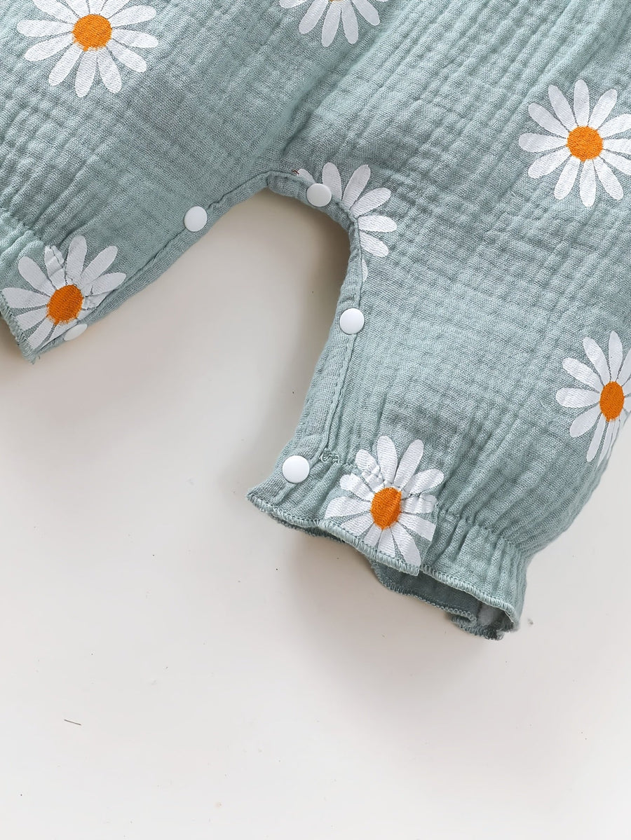 Romper bébé fille été style mignon avec motif petite marguerite imprimé, tissu froncé double face, dentelle mignonne, sa