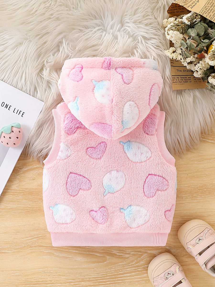 Gilet à capuche en peluche mignon à motifs cœur et fraise pour bébé — Monptitlou