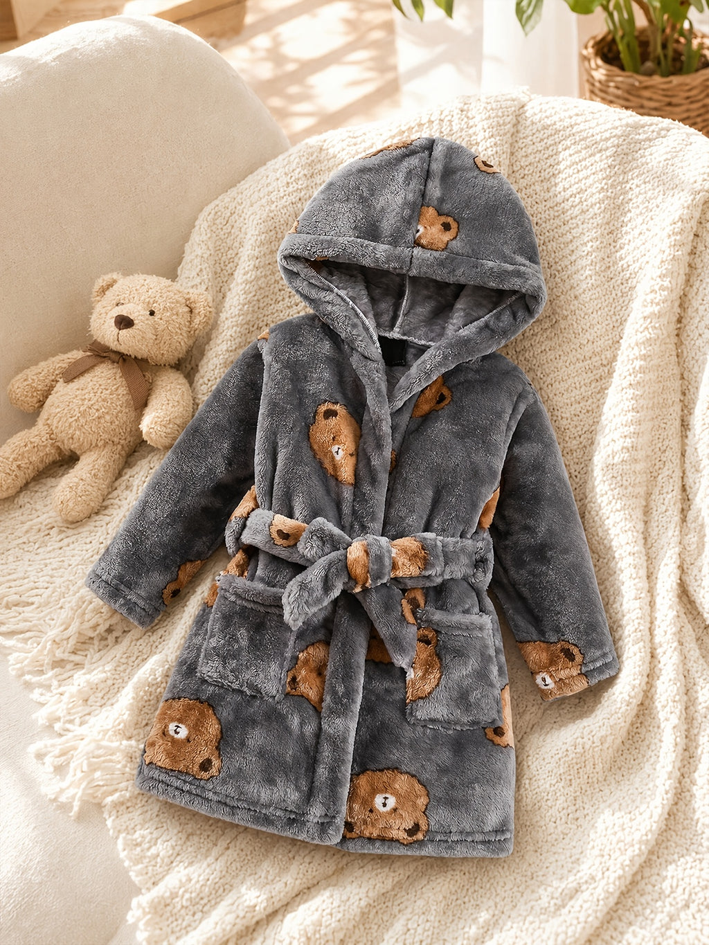 Peignoir à capuche pour garçon à motif ours, manches longues — Monptitlou