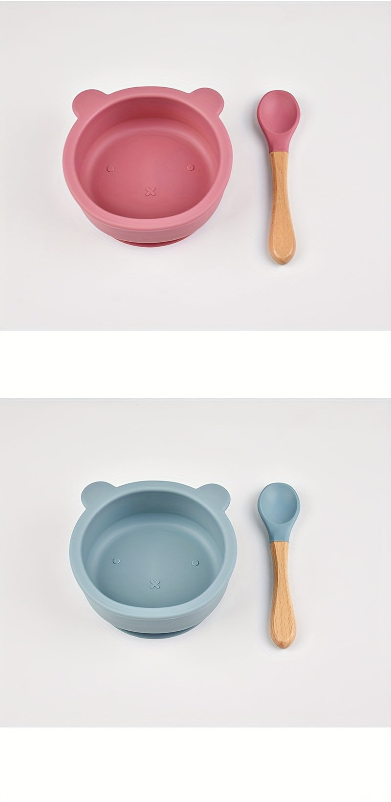 2 pièces ensemble de vaisselle pour bébé en silicone alimentaire avec ventouse, cuillère complémentaire à manche en bois